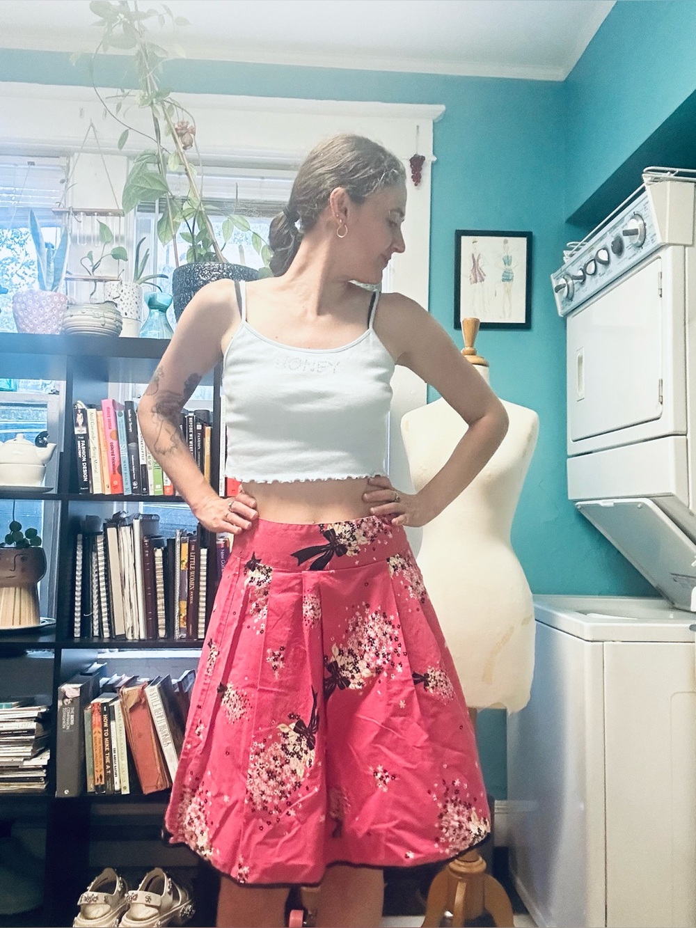 Bernardo A-line pink bow & floral cotton skirt
